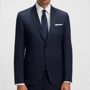 Hugo Boss Slim Fit Wool Suit Blazer Jacket Serge Dark Blue Mens Size 44 Wedding